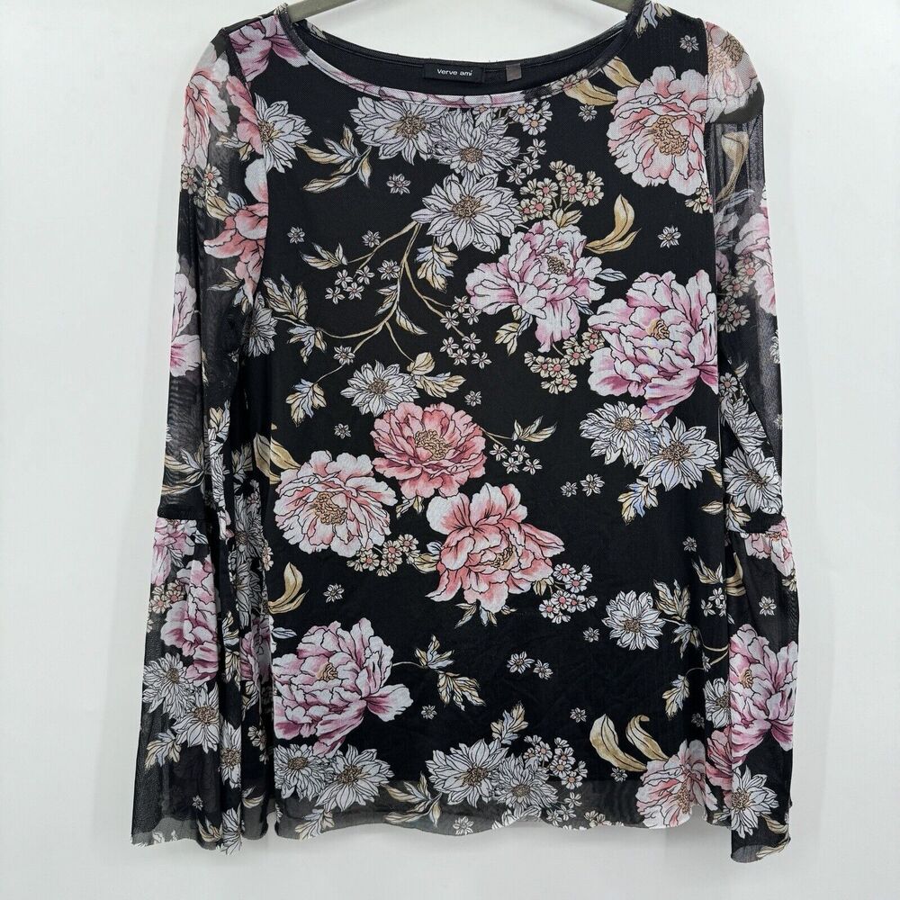 Verve Ami Y2K Mesh Floral Top Size M Black Pink Boho Dark Grunge Goth Whimsigoth